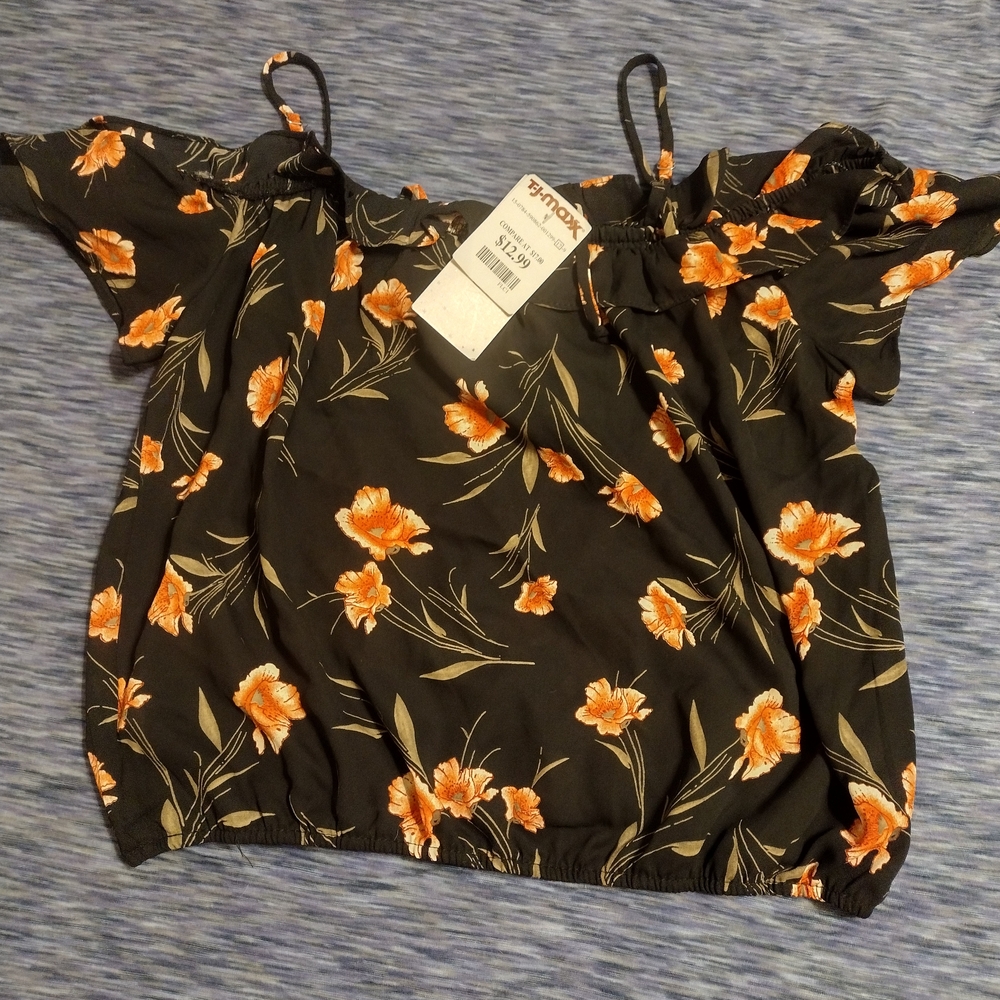 Sienna Sky Black Blouse with Orange Floral Design